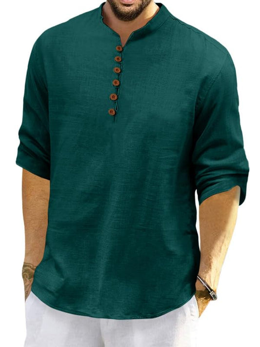 Macsivo MenS Cotton Blend Short Kurta With Solid Mandarin Collared Full Sleeve Curved Hem Length | Kurta For Men Stylish Dark G