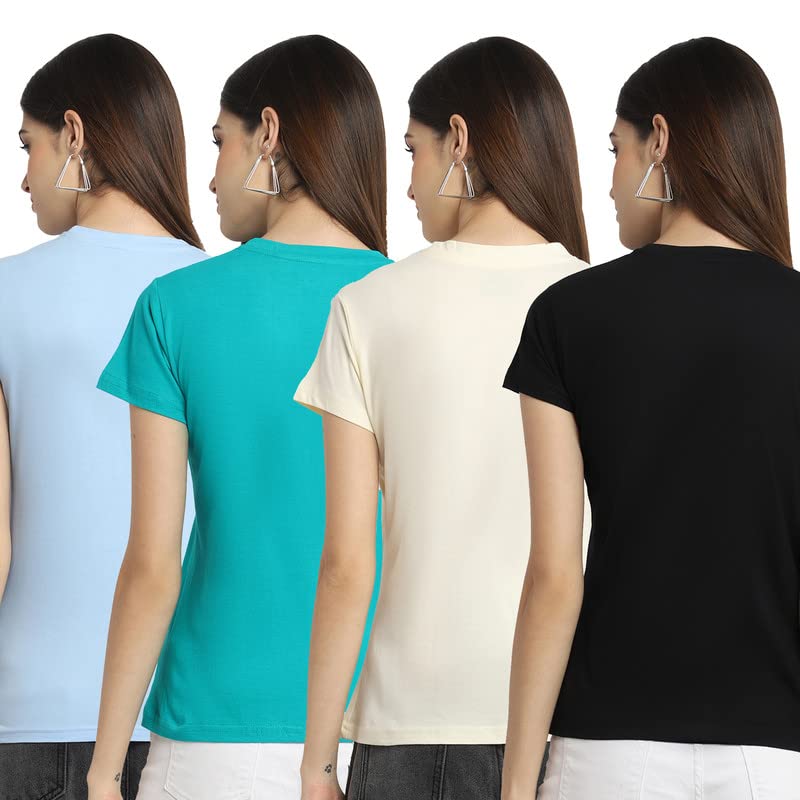 Preneum Womens Cotton Regular Fit Latest Graphic Stylish Printed Short Sleeves Casual T-Shirt || Trendy (Pack 4), Blue & Blue &
