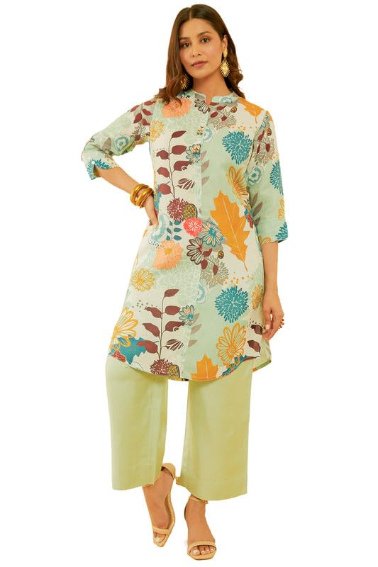Soch Womens Cream & Green Botanical Print Linen Blend Kurta