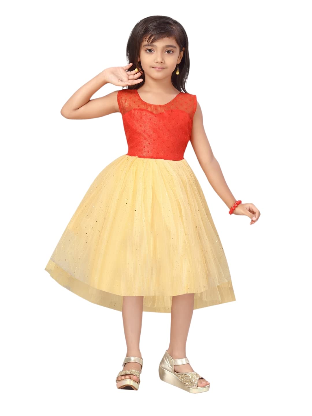Aarika Girl's Net Fit and Flare Knee-Length Dress (FK-3005_Red_24)