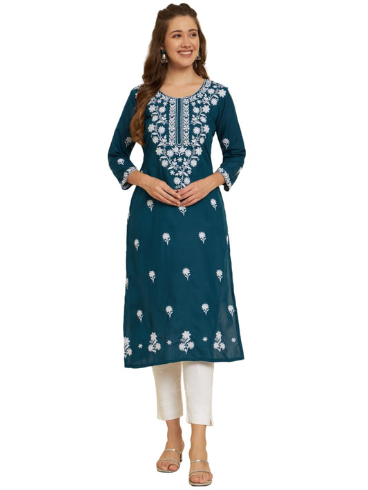 Ekasya WomenS Soft Cotton Slub Straight Cut Round Neck Kurta With Beautiful Floral Embroidery Work (E1572) Royal Blue