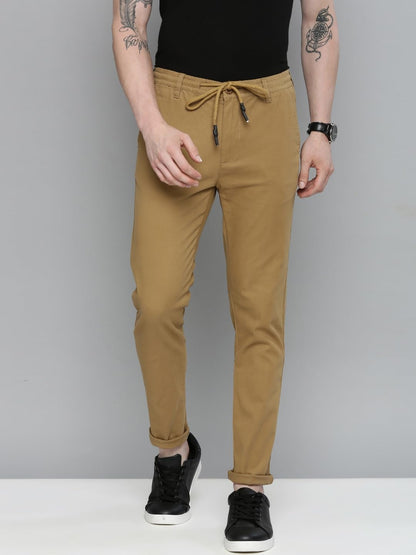 The Indian Garage Co Men Slim Fit Solid Mid-Rise Chinos Khaki