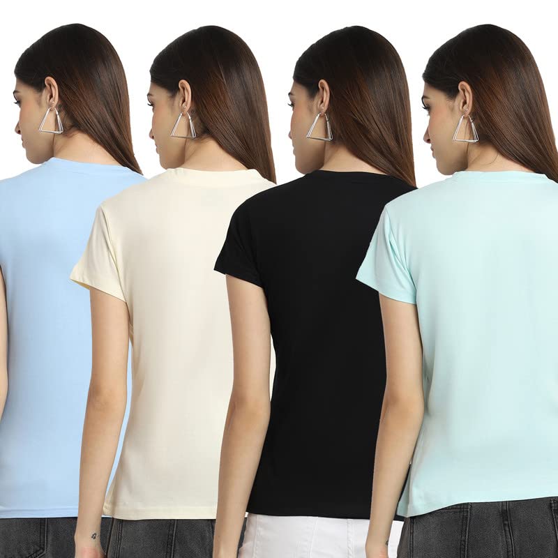 Preneum Womens Cotton Regular Fit Latest Graphic Stylish Printed Short Sleeves Casual T-Shirt || Trendy (Pack 4), Blue & Beige