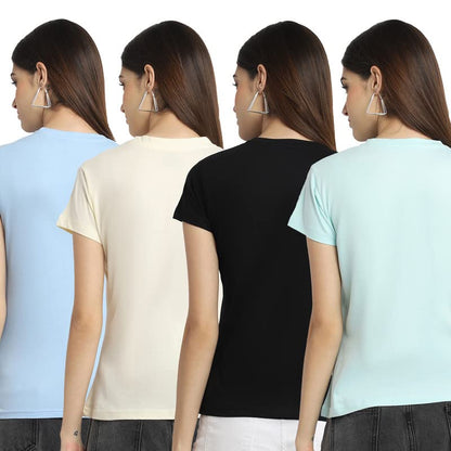 Preneum Womens Cotton Regular Fit Latest Graphic Stylish Printed Short Sleeves Casual T-Shirt || Trendy (Pack 4), Blue & Beige