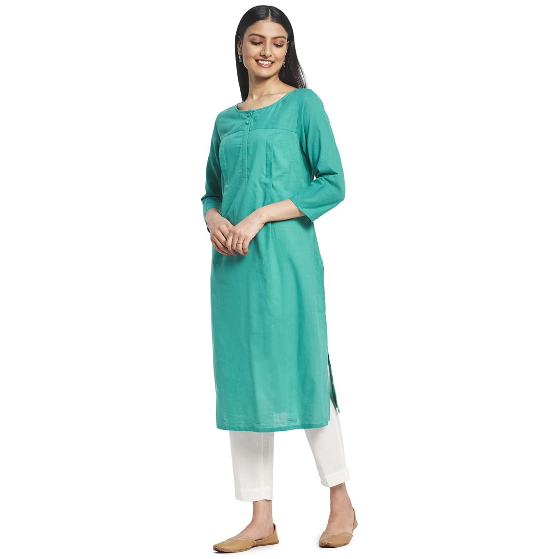 Fabindia Women Woven Round Neck Long Kurta Cotton_Green