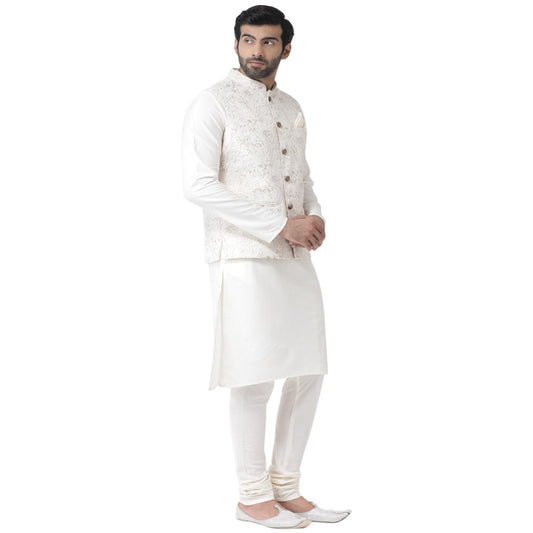 Kisah Men White Kurta With Churidar, Full Sleaves, Knee Length, Straight, Regular Fit, Mandarin Collar Ethnic Wear