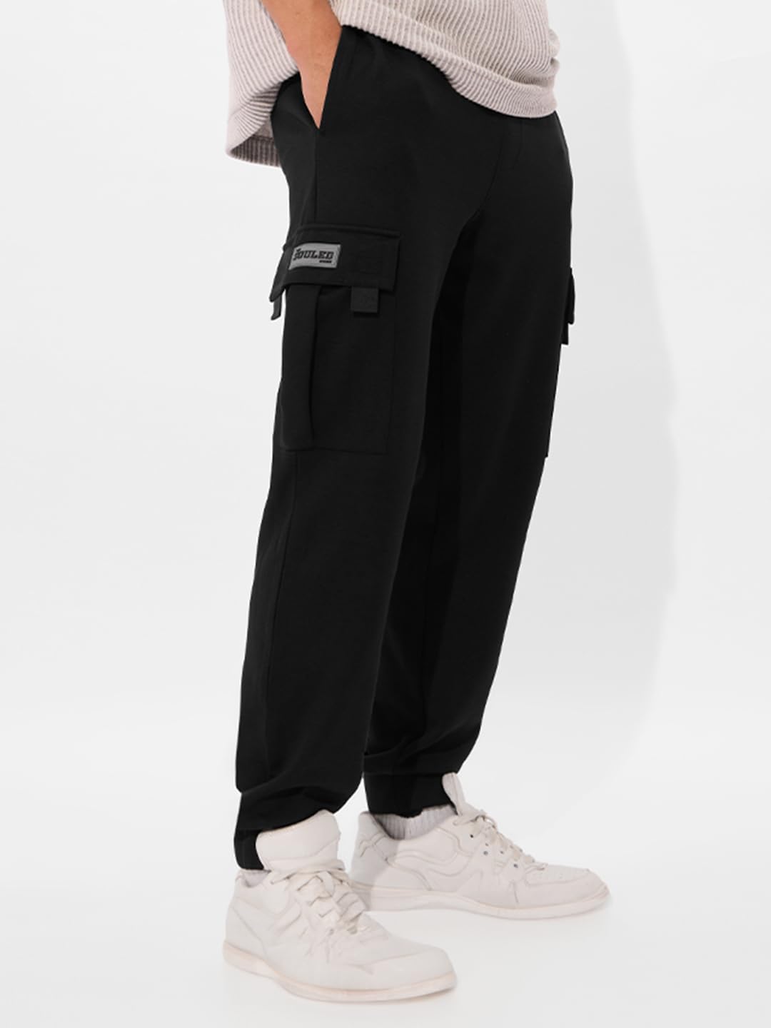 The Souled Store Solids: Jet Black Men and Boys Drawstringed Regular Fit Cotton Blend Cargo Joggers