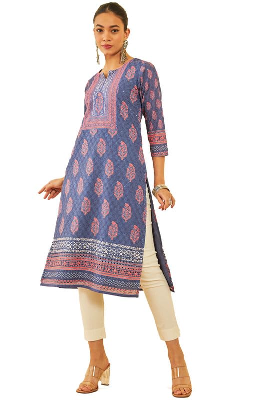Soch Womens Blue Cotton Floral Printed Kurta with Thread Work & Sequins