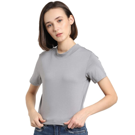 Bewakoof Women Plain Solid Grey Half Sleeve Round Neck Top - L