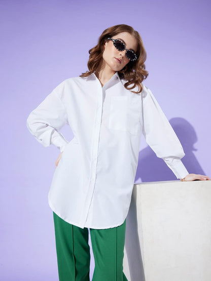 Style Quotient Women Solid White Cotton Smart Casual Oversized Shirt