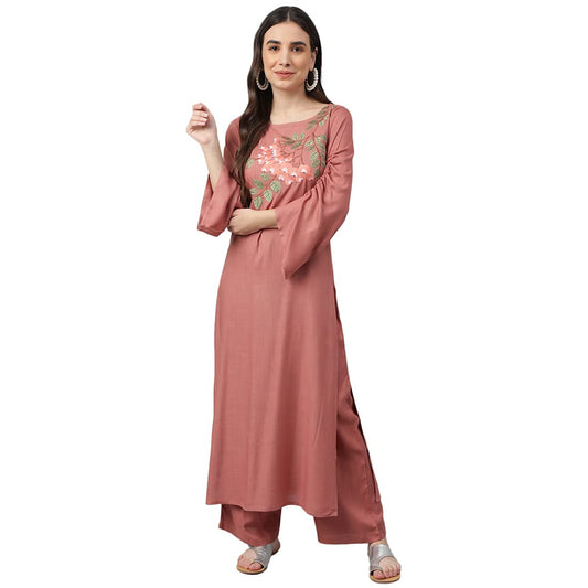 idaLia Rose Gold Embroidered Straight Rayon Kurta with Palazzo Pants