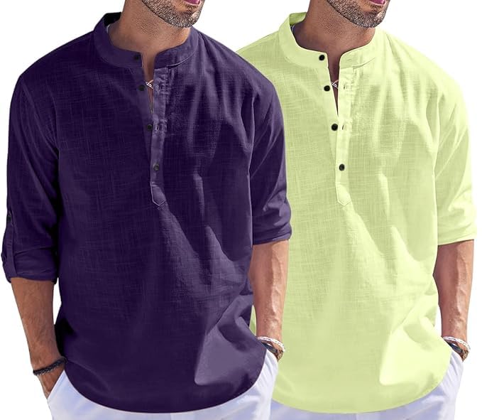 Bellstone MenS Cotton Blend Solid Regular Dress Shirt (Kurta800_Combo_Purple_Light Yellow_Xl