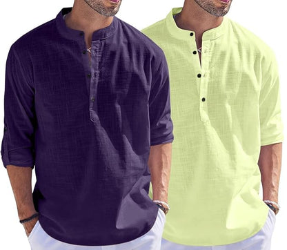 Bellstone MenS Cotton Blend Solid Regular Dress Shirt (Kurta800_Combo_Purple_Light Yellow_Xl