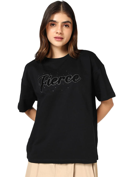 Bewakoof Heavy Duty 1.0 Womens Embellished Oversized Fit Half Sleeve Round Neck Cotton Terry T-Shirt_694298_Black_XL