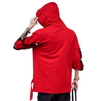 Eyebogler Mens Loose Fit Half Sleeves Hooded Neck Printed T-Shirt Red White