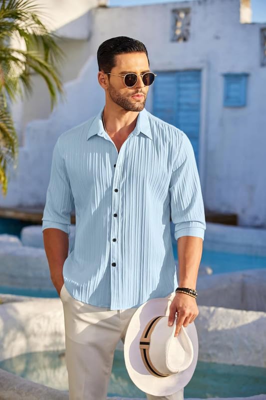 Finivo Fashion MenS Casual Cotton Plain Button Down Shirt Long Sleeve Textured Summer Beach Shirt For Men Sky