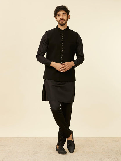 Manyavar Black Blended Rayon Solid Jackets For Men