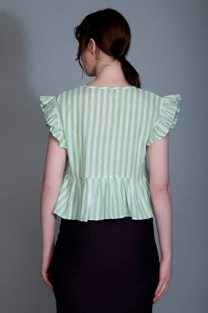 Leriya Fashion WomenS Western Crop Tops | Fancy Stripped With Ruffle Sleeves | Button Down Lightweight Cotton For Girls | Suita