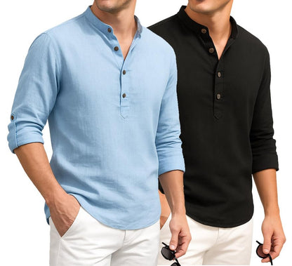 Deelmo Combo Of MenS Cotton Blend Solid Regular Fit Full Sleeve Short Kurta | MenS Trendy Short Kurta Pack Of 2