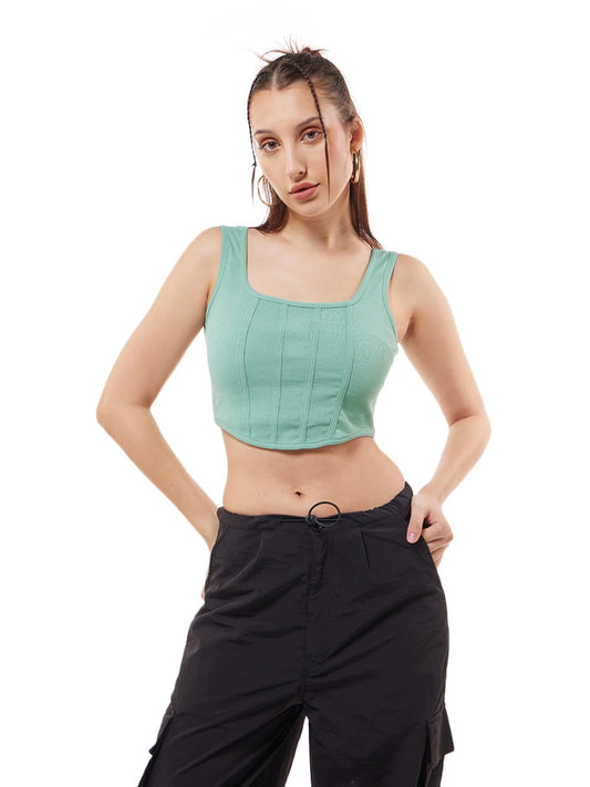Bewakoof Womens Solid Slim Fit Sleeveless Square Neck Rib Corset Top_634005_Green_L