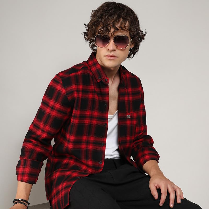 Campus Sutra Mens Midnight Black & Scarlet Red Brushed Buffalo Check Shirtfor Casual Wear | Spread Collar | Long Sleeve | Butto