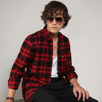 Campus Sutra Mens Midnight Black & Scarlet Red Brushed Buffalo Check Shirtfor Casual Wear | Spread Collar | Long Sleeve | Butto