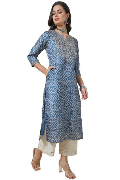 Soch Womens Blue Art Silk Abstract Print Kurta with Sequins