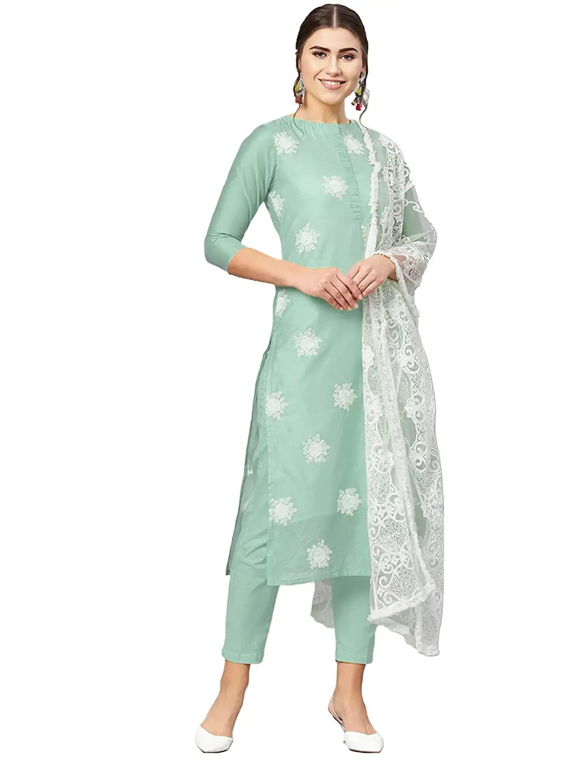 Gosriki WomenS Ruby Cotton Straight Embroidery Kurti With Pant & Dupatta Set (White-Show-Light Green-Nw_M-Gs_Light Green_Medium