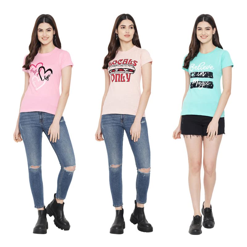 Preneum Womens Cotton Regular Fit Latest Graphic Stylish Printed Short Sleeves Casual T-Shirt || Trend & Styles (Pack 3), Pink