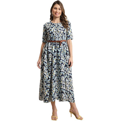 Preneum WomenS Georgette Floral Printed 3/4 Slevees A-Line Fit & Flare Gown With Beltindo-Western Ethnic Gown || A-Line Maxi Dr