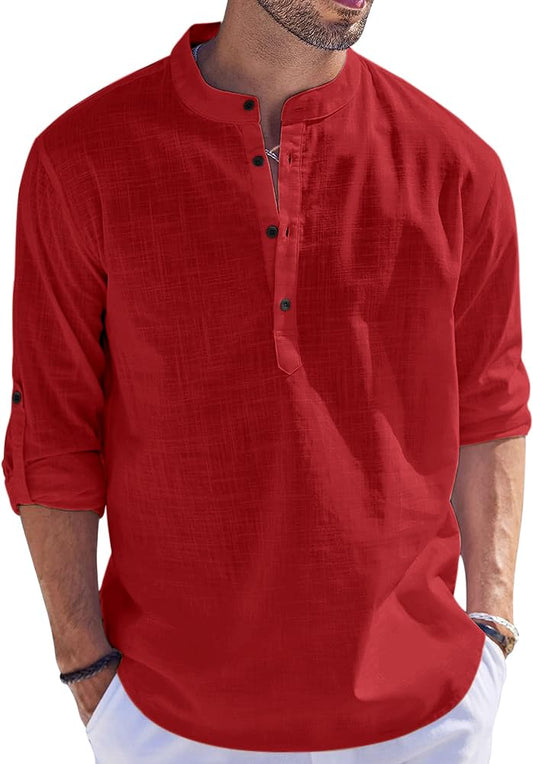 Hemrin Men Solid Cotton Blend Straight Kurta Shirt Maroon