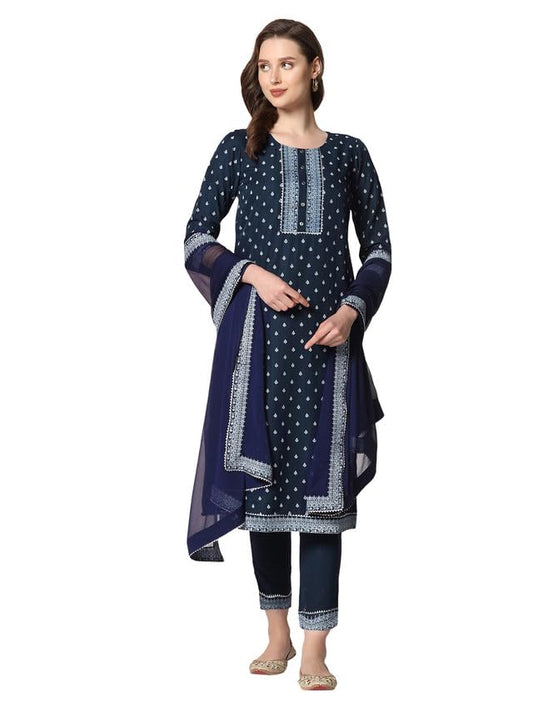 Sanisa Women's Pigment Printed Chinnon Straight Kurta Set with Dupatta
