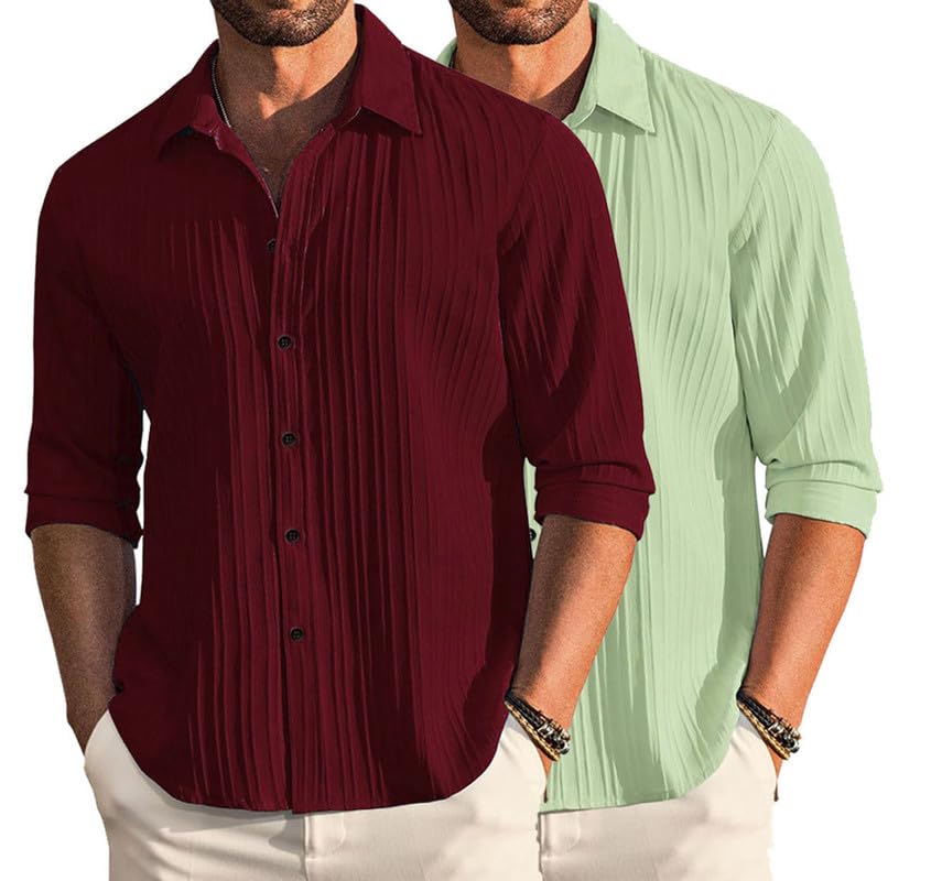 Deelmo Combo Of MenS Casual Button Down Shirts Long Sleeve Linen Shirt Fashion Textured Summer Shirts Pack Of 2