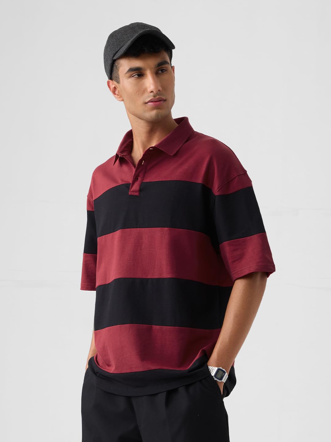 The Souled Store Colourblock: Red Flame Men and Boys Short Sleeves Collared Neck Cotton Oversized Polos