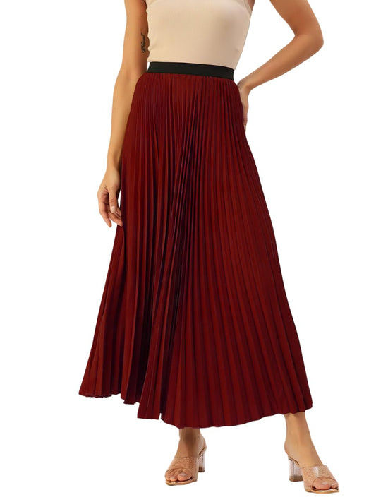 Kzully | Flowing Grace WomenS Satin Accordian Pleat Maxi Flared Skirt Maroon