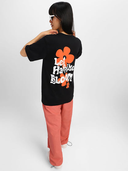 Juneberry Black Round Neck Drop Shoulder Back Graphic Printed Pure Cotton Oversized T-Shirt For Women/Girls (Gl_Os_Lthpnsblm_Bk_