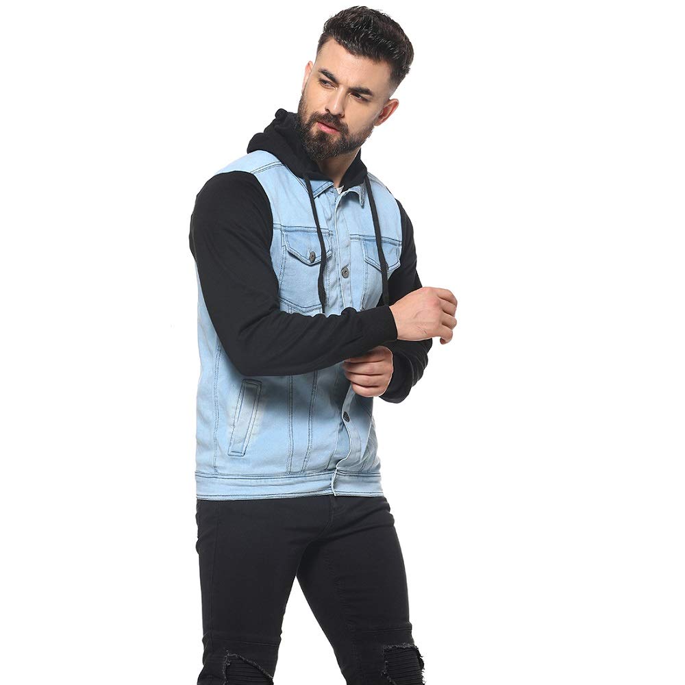 Campus Sutra Mens Cotton Blue & Black Colour-Blocked Denim Jacket with Hoodie | Structured Jacket with Comfort Fit, Regular Ful