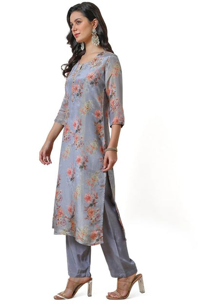 Soch Womens Blue Tissue Floral Print Kurta Set
