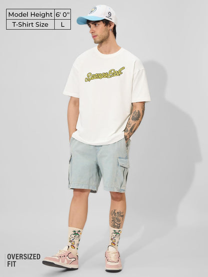 The Souled Store Official Spongebob: Bad Choices Men and Boys Short Sleeves Round Neck White Graphic Printed Cotton Oversized T-