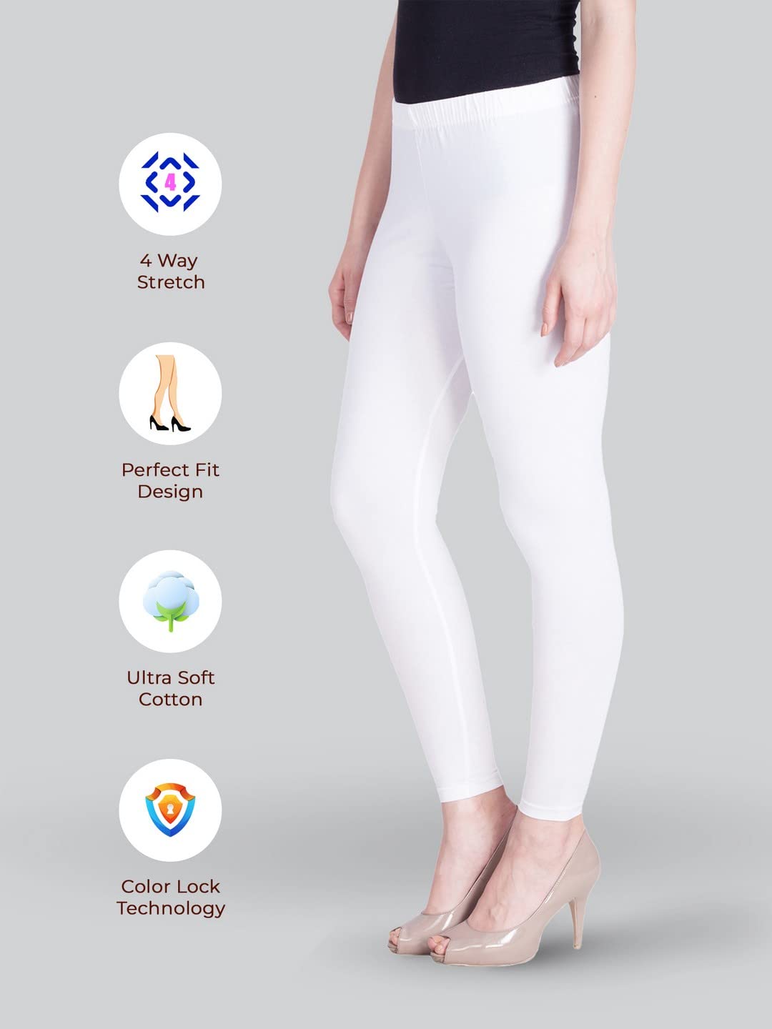 Lyra Women Solid Premium Cotton Ankle Length Leggings | Mid-Waist | Fashionwear White