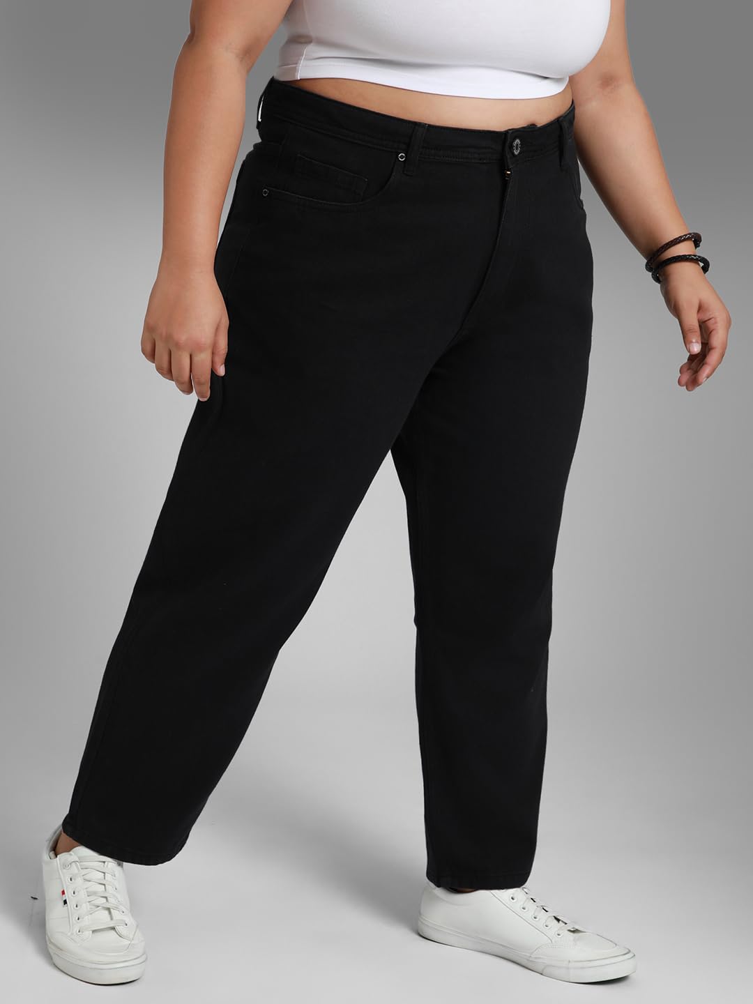 High Star Women Plus Size Mom Fit High-Rise Stretchable Jeans Black