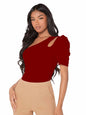 Shasmi Womens & Girls Maroon Short Puff Sleeve, One Shoulder Neck, Ruched Bust Solid Tops for Women/Tops, T-Shirts for Girls (