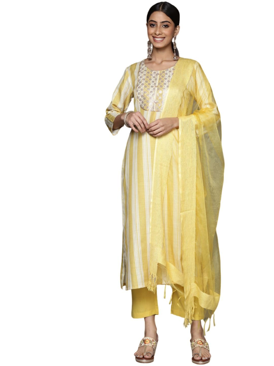 Varanga Stripe Printed Embroidered Kurta Paired with Solid Straight Trouser and Dupatta