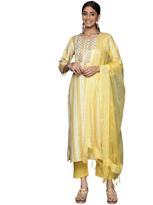 Varanga Stripe Printed Embroidered Kurta Paired with Solid Straight Trouser and Dupatta