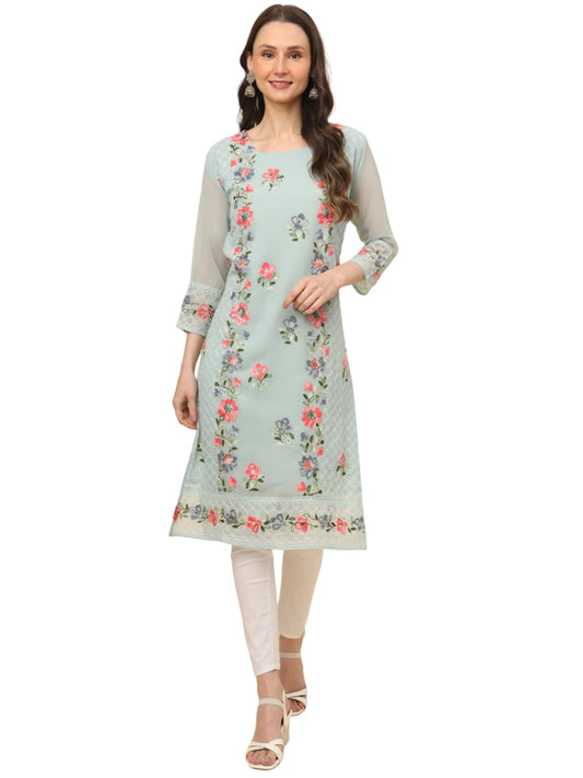 Ekasya WomenS Georgette Straight Cut Round Neck Kurta With Beautiful Embroidery Work (E1628) - Elegant Design, Intricate Embroi