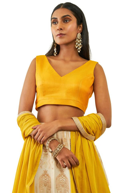 Soch Womens Mustard Tussar V-Neck Back-Open Sleeveless Blouse