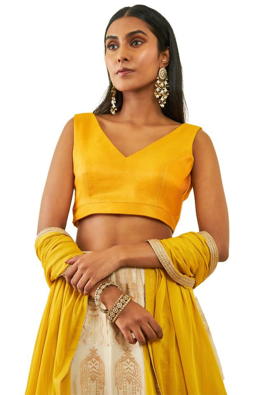 Soch Womens Mustard Tussar V-Neck Back-Open Sleeveless Blouse