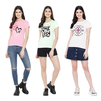 Preneum Womens Cotton Regular Fit Latest Graphic Stylish Printed Short Sleeves Casual T-Shirt || Latest Trending Style (Pack 3)