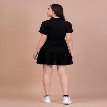 Trillmixa Solid Short Sleeve Coller Neck Fit & Flare Above Knee Length Dress For WomenS (T-Maya-Black)