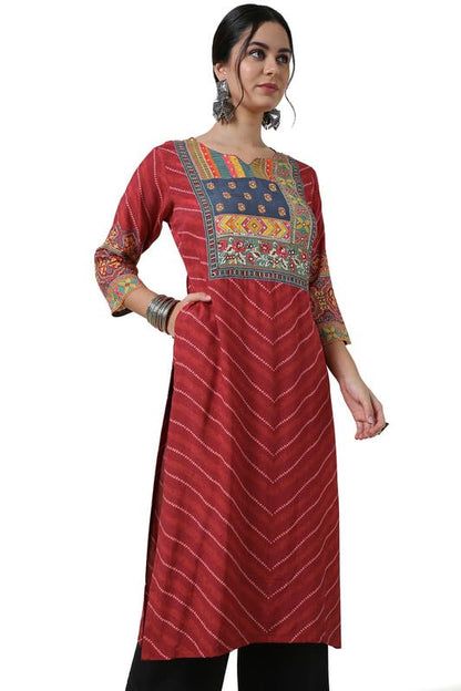 Soch Womens Brick Red Viscose Muslin Bandhani Print Kurta